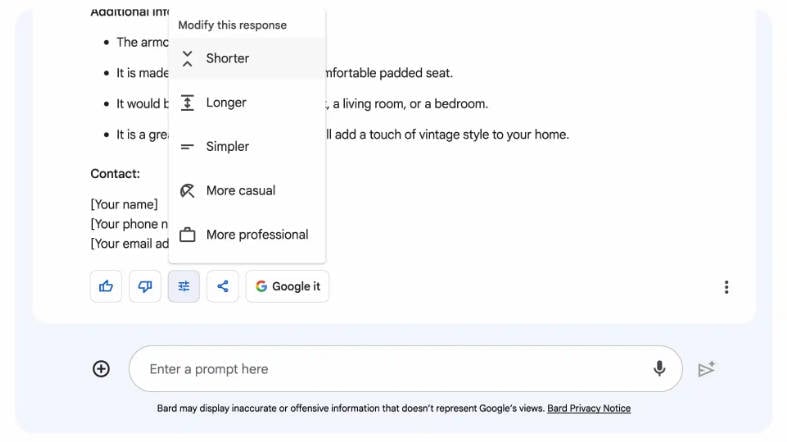 谷歌允许你自定义巴德回应的语气和风格