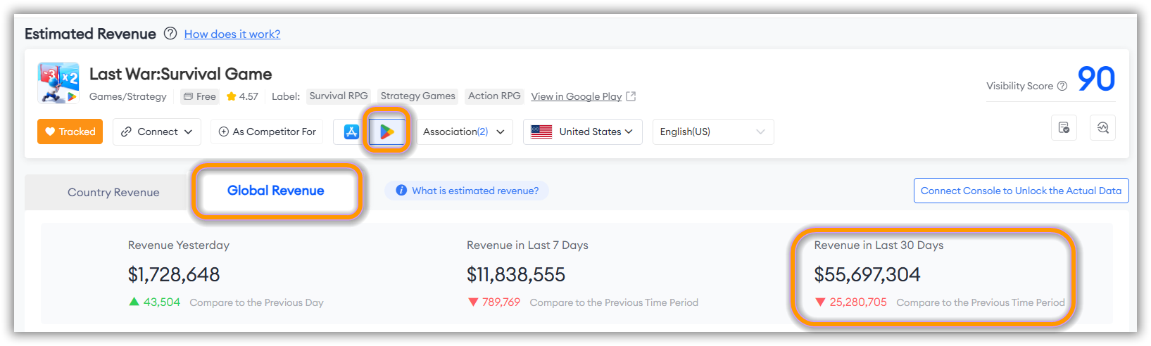 Last War: Survival Game estimated global revenue on Google Play in the last 30 days