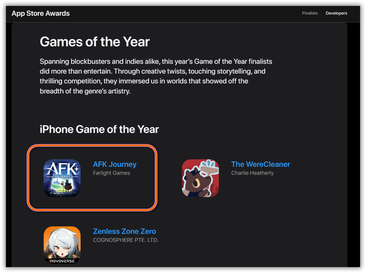 AFK Journey was named one of Apple's top three Game Apps of the Year