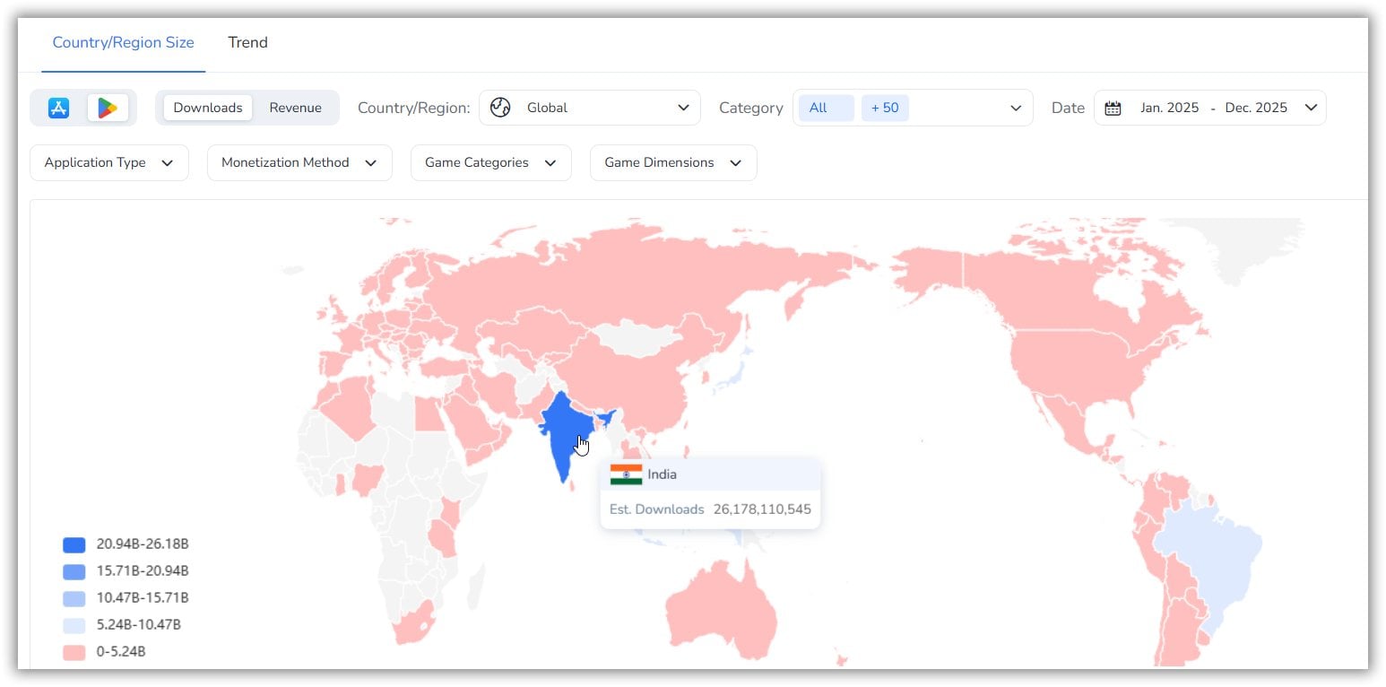 구글 플레이 앱 다운로드 수 기준 상위 10개국